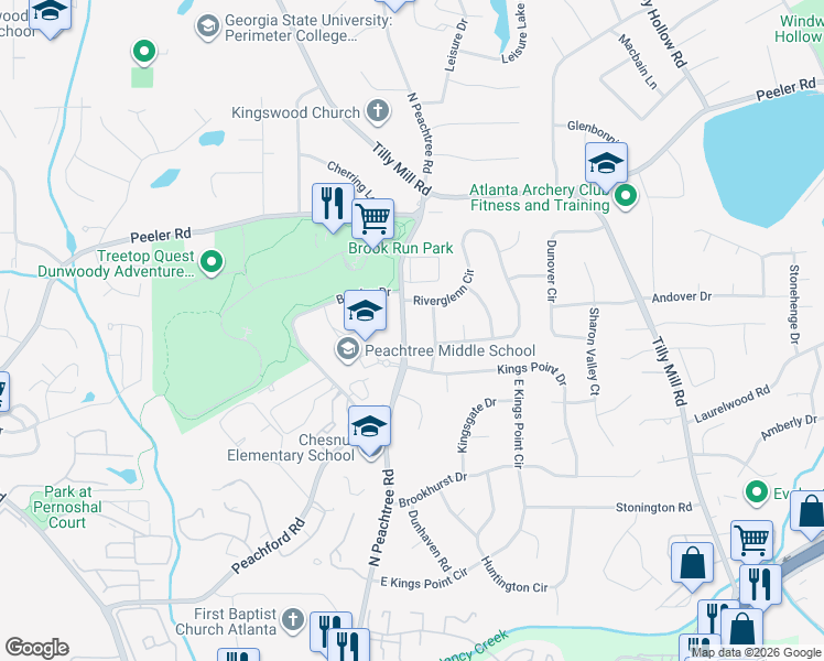 map of restaurants, bars, coffee shops, grocery stores, and more near 4606 Ellisbury Drive in Dunwoody