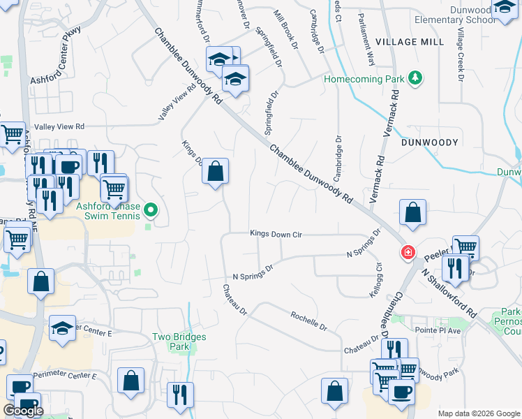 map of restaurants, bars, coffee shops, grocery stores, and more near 4609 North Springs Court in Dunwoody