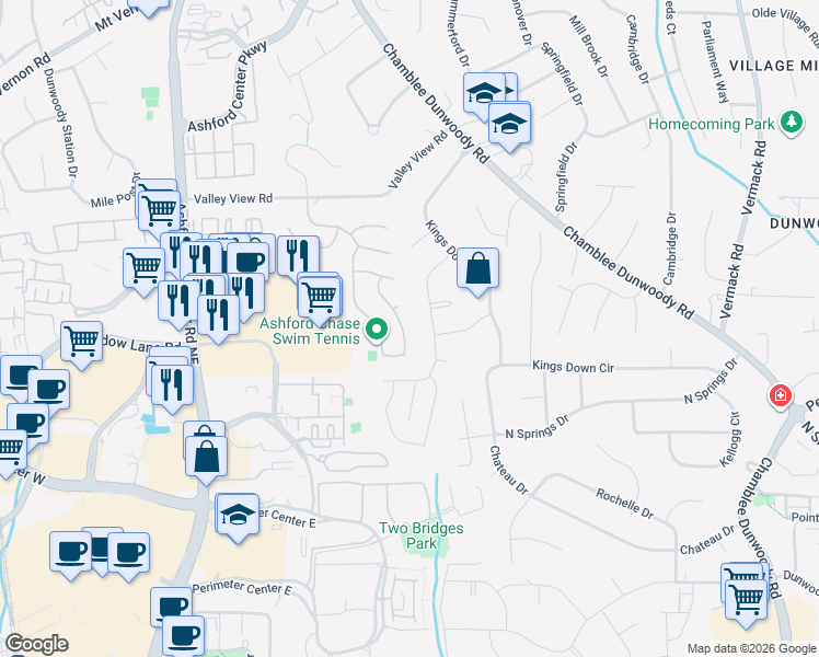 map of restaurants, bars, coffee shops, grocery stores, and more near 4614 Devonshire Road in Dunwoody