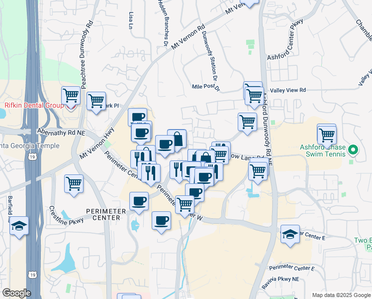 map of restaurants, bars, coffee shops, grocery stores, and more near 1274 Crown Pointe Parkway in Atlanta