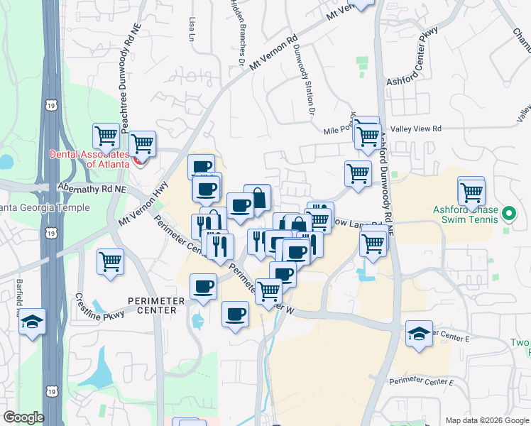 map of restaurants, bars, coffee shops, grocery stores, and more near 641 Perimeter Walk in Dunwoody