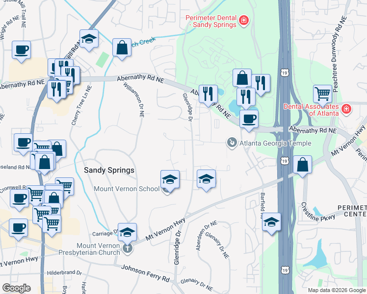 map of restaurants, bars, coffee shops, grocery stores, and more near 6434 Lucent Lane in Sandy Springs