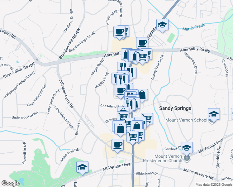 map of restaurants, bars, coffee shops, grocery stores, and more near 6450 Roswell Road in Sandy Springs