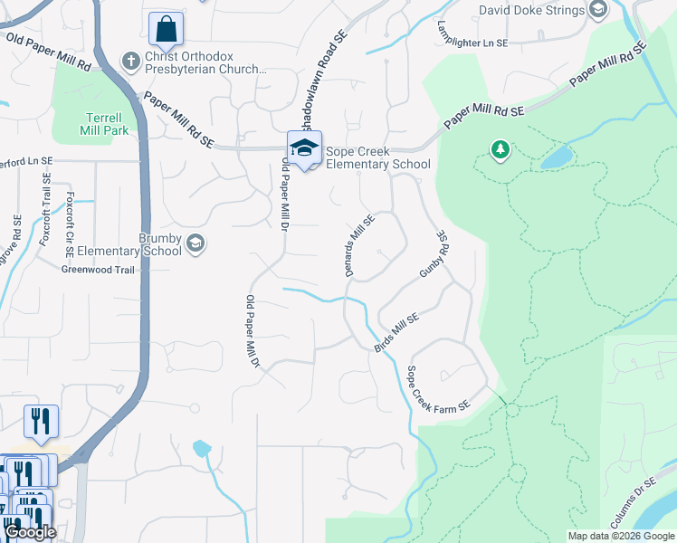 map of restaurants, bars, coffee shops, grocery stores, and more near 798 Birds Mill Southeast in Marietta