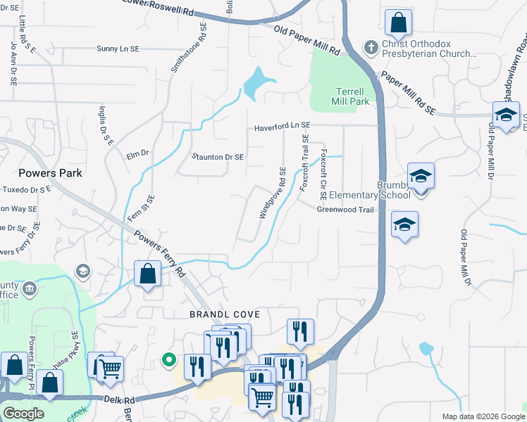 map of restaurants, bars, coffee shops, grocery stores, and more near 665 Windgrove Road Southeast in Marietta