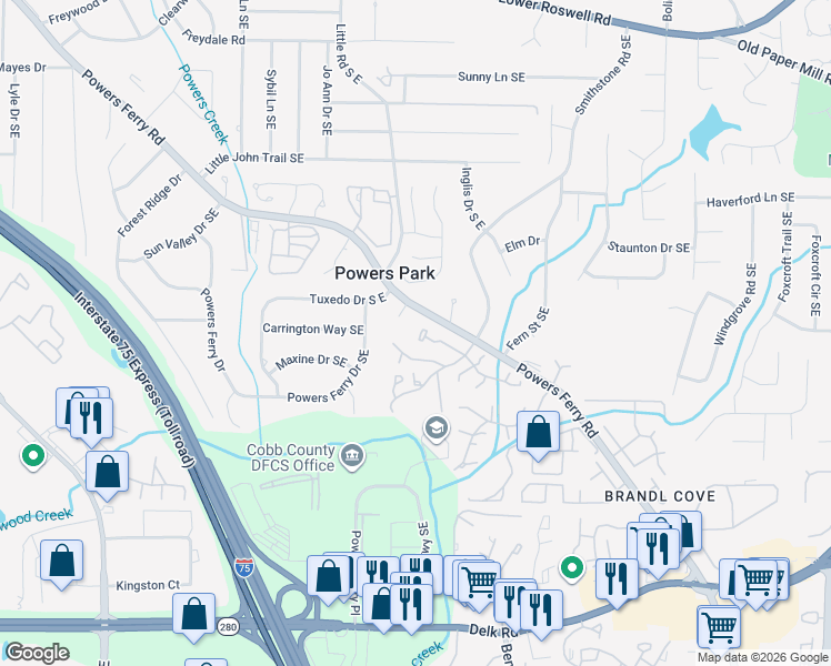 map of restaurants, bars, coffee shops, grocery stores, and more near 2126 Palmyra Drive in Marietta