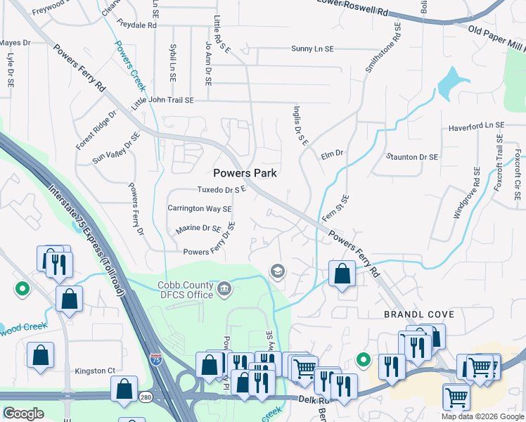 map of restaurants, bars, coffee shops, grocery stores, and more near 2151 Palmyra Drive in Marietta