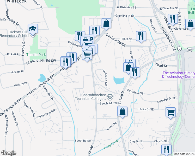 map of restaurants, bars, coffee shops, grocery stores, and more near 201 Park Hill Dr SW in Marietta
