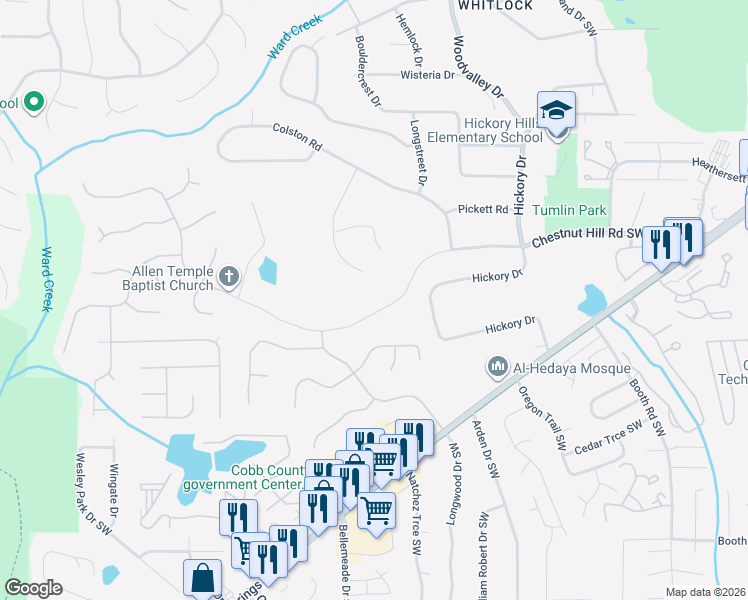 map of restaurants, bars, coffee shops, grocery stores, and more near 690 Chestnut Hill Road Southwest in Marietta