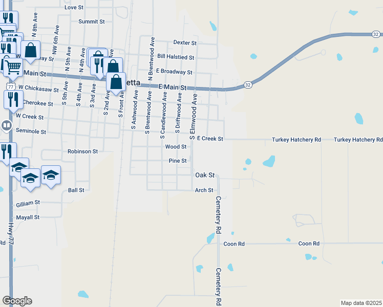 map of restaurants, bars, coffee shops, grocery stores, and more near 454-488 Pine Street in Marietta