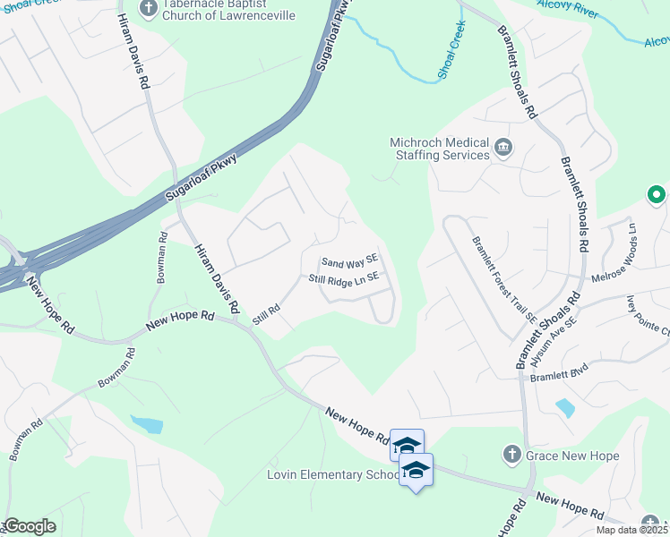 map of restaurants, bars, coffee shops, grocery stores, and more near 1423 Sand Way Southeast in Lawrenceville