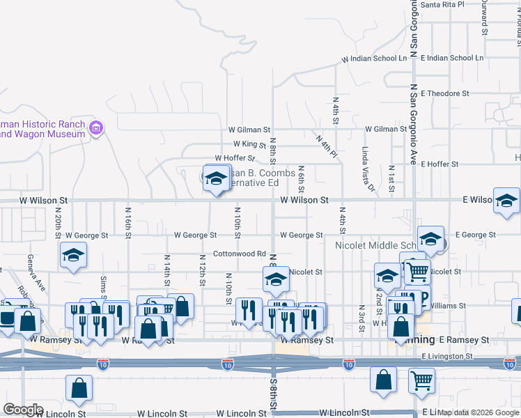 map of restaurants, bars, coffee shops, grocery stores, and more near 740 Bennett Place in Banning