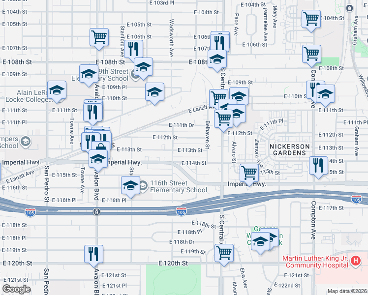 map of restaurants, bars, coffee shops, grocery stores, and more near 927 East 113th Street in Los Angeles