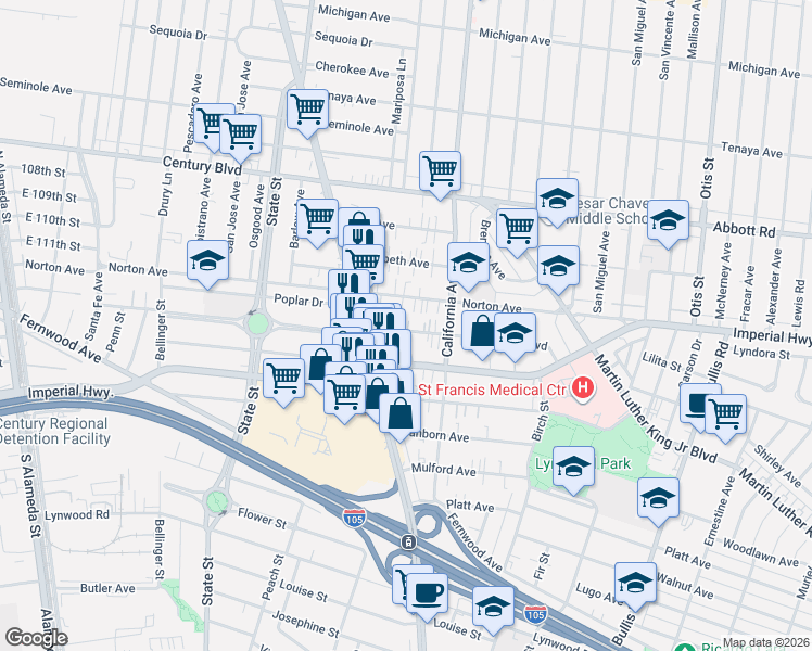 map of restaurants, bars, coffee shops, grocery stores, and more near 3349 Los Flores Boulevard in Lynwood