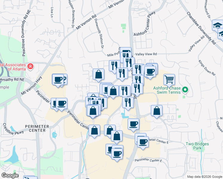 map of restaurants, bars, coffee shops, grocery stores, and more near 900 Ashwood Parkway in Atlanta
