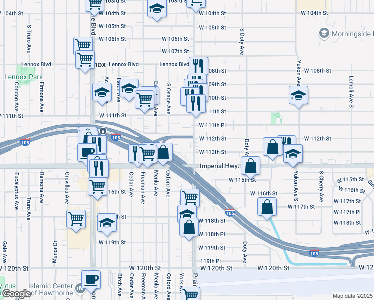 map of restaurants, bars, coffee shops, grocery stores, and more near in Hawthorne