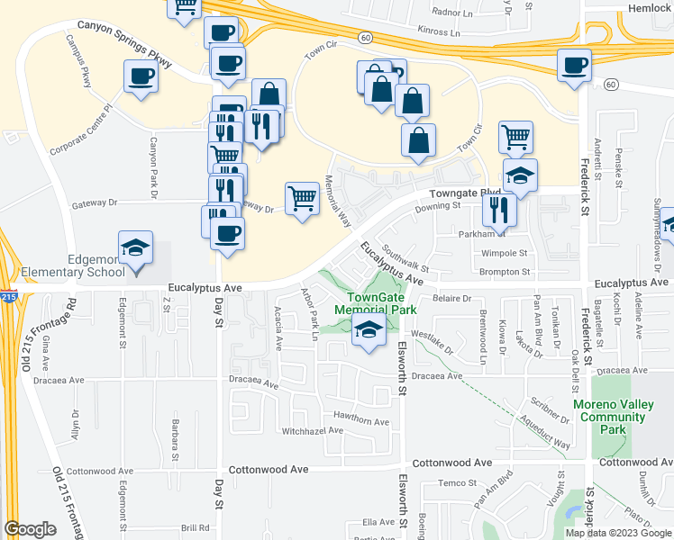 map of restaurants, bars, coffee shops, grocery stores, and more near 22289 Echo Park Way in Moreno Valley