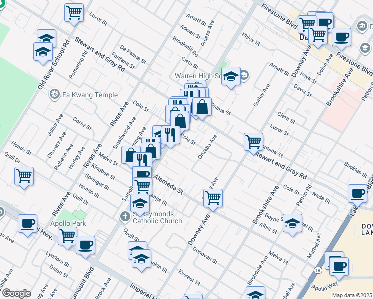 map of restaurants, bars, coffee shops, grocery stores, and more near 12024 Parrot Avenue in Downey