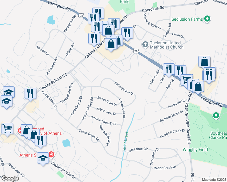 map of restaurants, bars, coffee shops, grocery stores, and more near 270 Ponderosa Drive in Athens