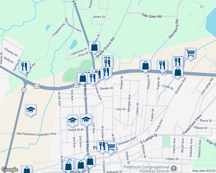 map of restaurants, bars, coffee shops, grocery stores, and more near 110 East Swan Street in Piedmont