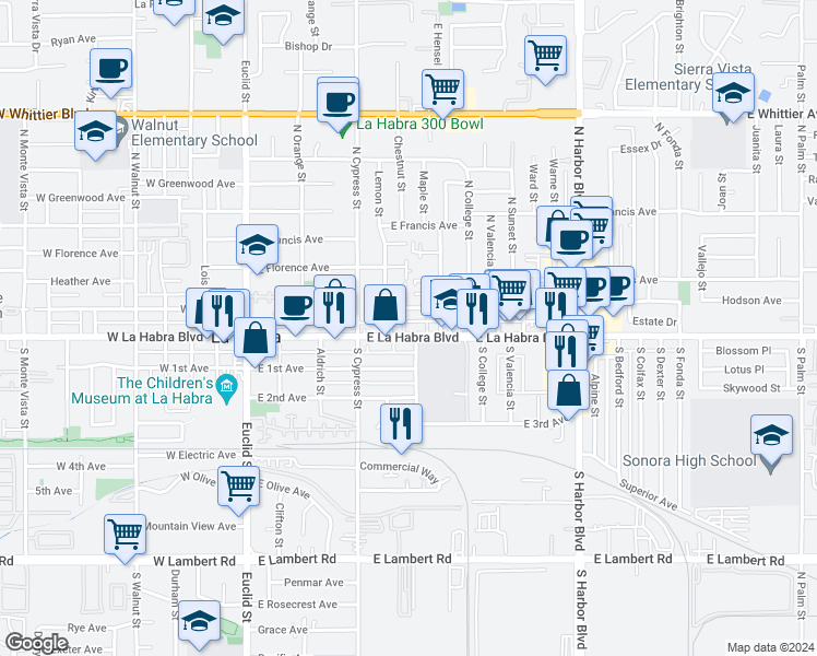 map of restaurants, bars, coffee shops, grocery stores, and more near 525 East La Habra Boulevard in La Habra