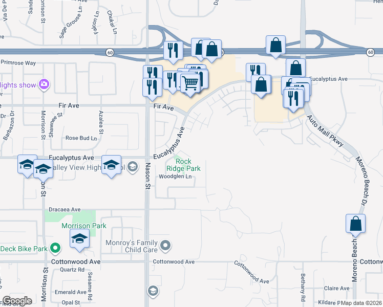 map of restaurants, bars, coffee shops, grocery stores, and more near 27212 Golden Field Court in Moreno Valley