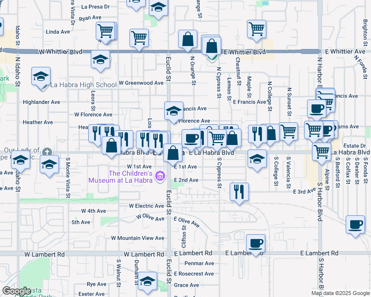 map of restaurants, bars, coffee shops, grocery stores, and more near 162 Reed Lane in La Habra