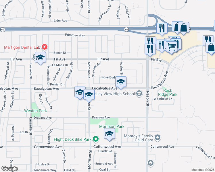 map of restaurants, bars, coffee shops, grocery stores, and more near 26649 Azalea Street in Moreno Valley