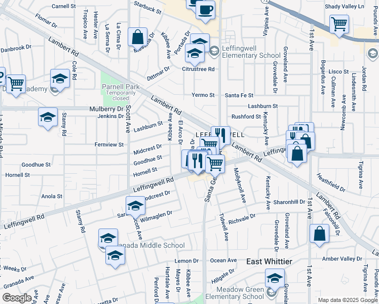 map of restaurants, bars, coffee shops, grocery stores, and more near 11103 Portada Drive in Whittier