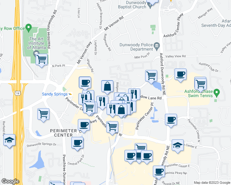 map of restaurants, bars, coffee shops, grocery stores, and more near 1274 Crown Pointe Parkway in Dunwoody
