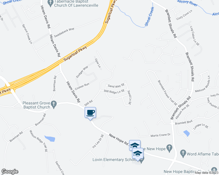 map of restaurants, bars, coffee shops, grocery stores, and more near 1413 Sand Way Southeast in Lawrenceville