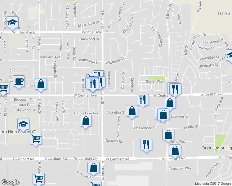 map of restaurants, bars, coffee shops, grocery stores, and more near 1020 Joyce Drive in Brea