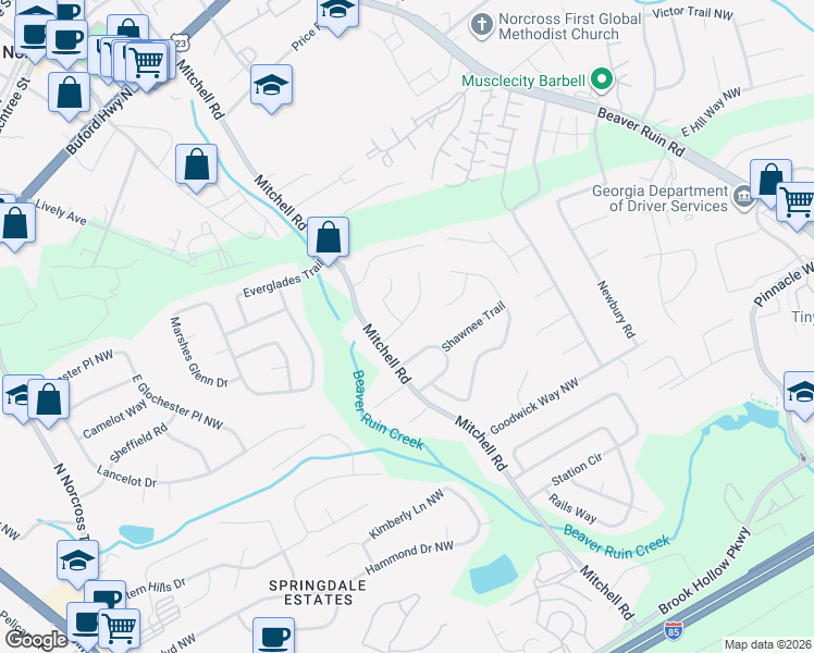 map of restaurants, bars, coffee shops, grocery stores, and more near 5594 Ballard Way in Norcross
