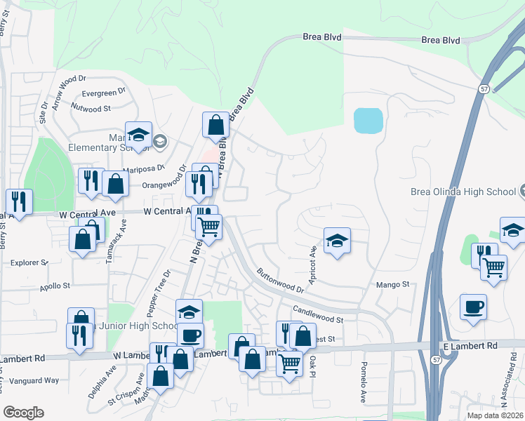 map of restaurants, bars, coffee shops, grocery stores, and more near 338 Blossom Place in Brea