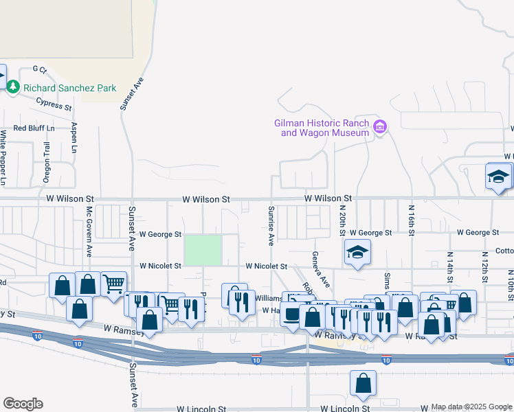 map of restaurants, bars, coffee shops, grocery stores, and more near 2466 West Wilson Street in Banning