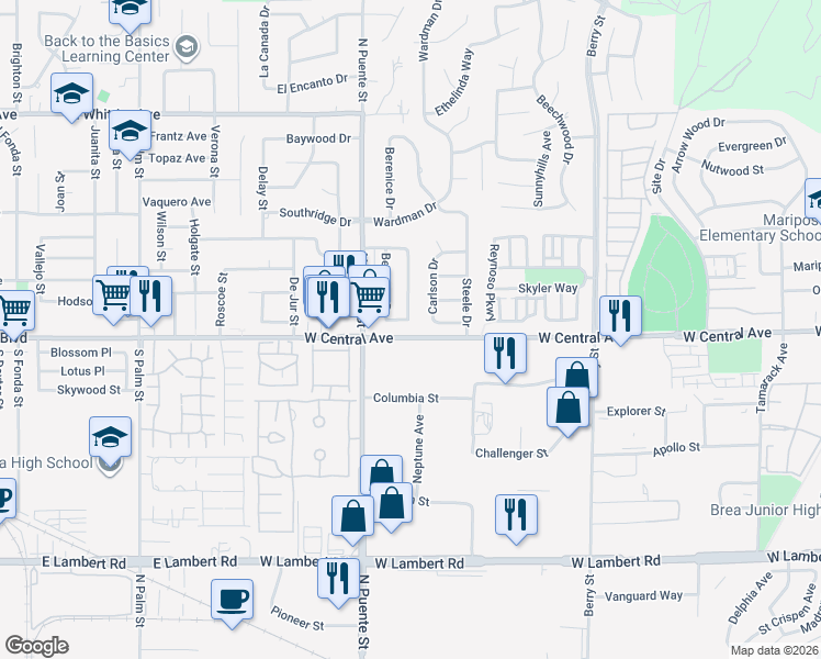 map of restaurants, bars, coffee shops, grocery stores, and more near 1020 Joyce Drive in Brea