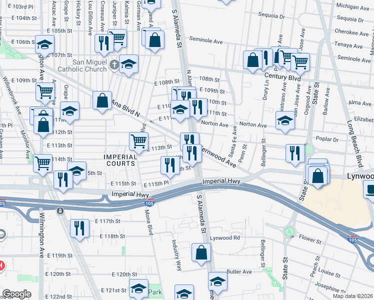 map of restaurants, bars, coffee shops, grocery stores, and more near 2554 Santa Ana Boulevard South in Los Angeles
