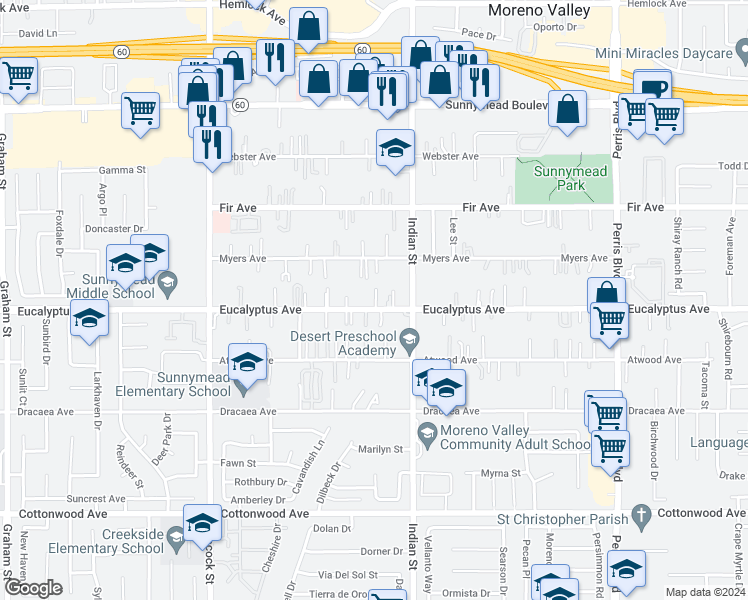 map of restaurants, bars, coffee shops, grocery stores, and more near 24426 Eucalyptus Avenue in Moreno Valley