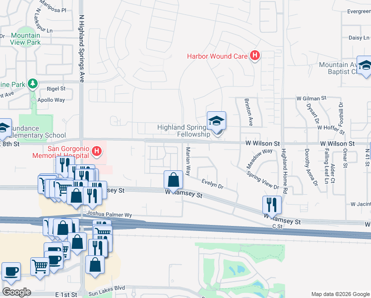 map of restaurants, bars, coffee shops, grocery stores, and more near 443 Marian Way in Banning