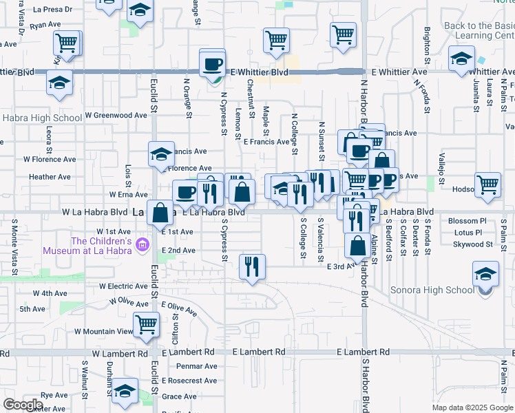 map of restaurants, bars, coffee shops, grocery stores, and more near 525 East La Habra Boulevard in La Habra