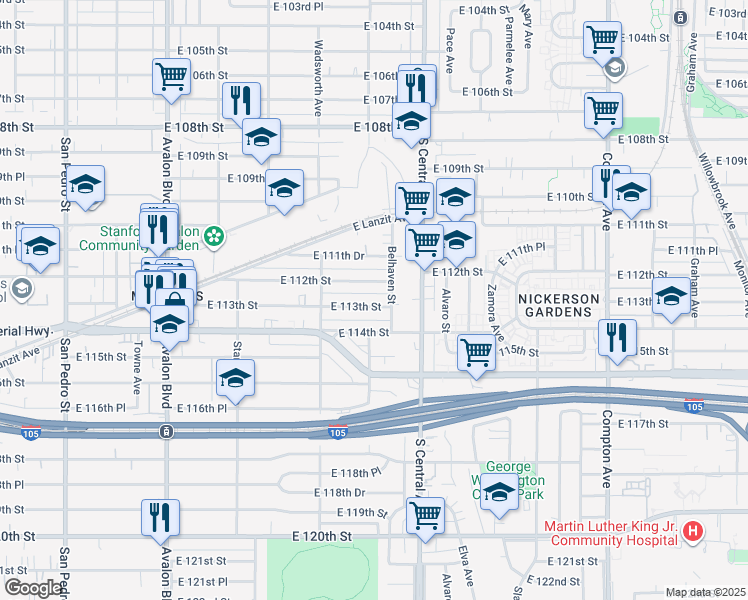 map of restaurants, bars, coffee shops, grocery stores, and more near 1105 East 113th Street in Los Angeles