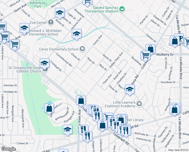 map of restaurants, bars, coffee shops, grocery stores, and more near 10955 Parise Drive in Whittier