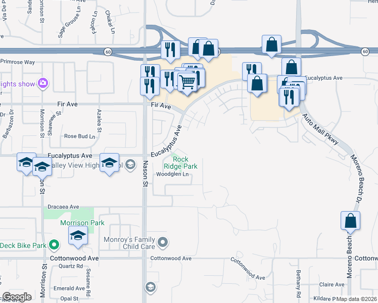 map of restaurants, bars, coffee shops, grocery stores, and more near 27212 Golden Field Court in Moreno Valley