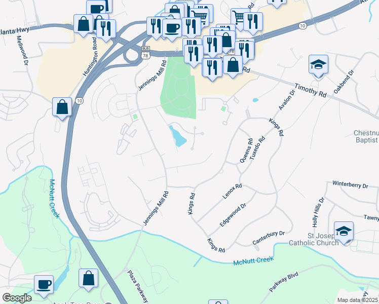 map of restaurants, bars, coffee shops, grocery stores, and more near 147 Orchard Creek Drive in Athens