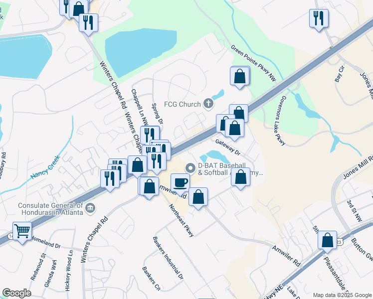 map of restaurants, bars, coffee shops, grocery stores, and more near 3298 Lake Colony Drive Northwest in Atlanta