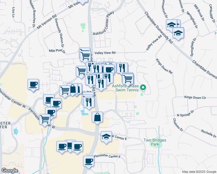 map of restaurants, bars, coffee shops, grocery stores, and more near 4685 Ashford Dunwoody Road in Dunwoody