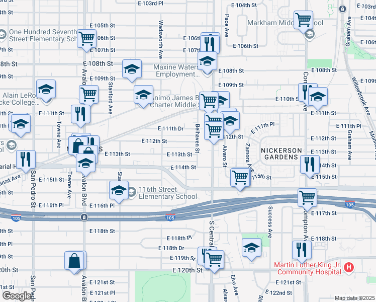 map of restaurants, bars, coffee shops, grocery stores, and more near 1105 East 113th Street in Los Angeles