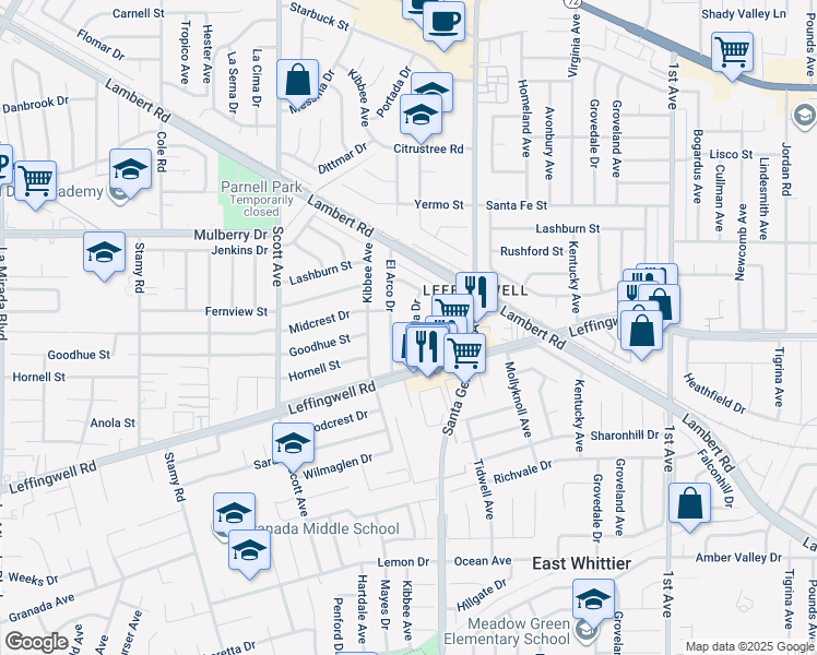 map of restaurants, bars, coffee shops, grocery stores, and more near 11103 Portada Drive in Whittier