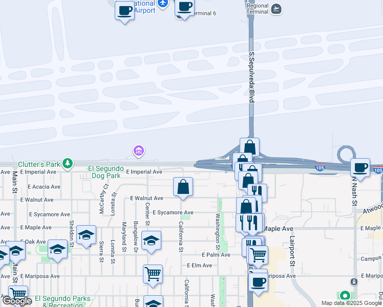 map of restaurants, bars, coffee shops, grocery stores, and more near 6501 West Imperial Highway in Los Angeles