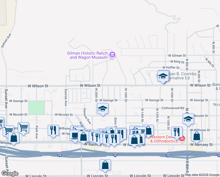 map of restaurants, bars, coffee shops, grocery stores, and more near 754 North 18th Street in Banning